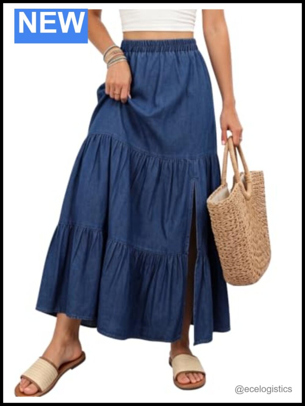 Women's Long Denim Maxi Skirt with Side Slit, Boho Tiered High Rise Stretchy